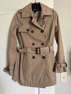 Tommy Hilfiger Khaki Double-Breasted Short Trench Coat with Belt XS
